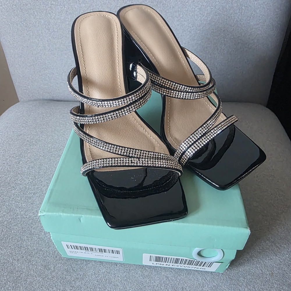 Women's Black Patent Rhinestone Strappy Slide Heels
